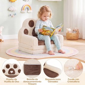 Sofá-Cama Infantil em Forma de Pata de Urso, 57 x 44 x 47 cm, Convertível em Colchoneta, Castanho