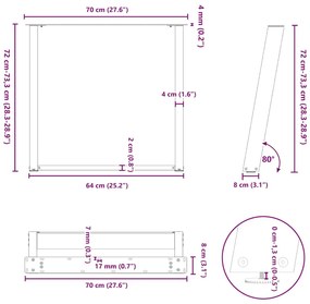 Pés para mesa de jantar em formato de U, 2 peças, aço natural, 70x(72-