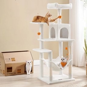 Arranhador Gatos para arranhar com 143 cm de altura com 2 plataformas e rede branco creme