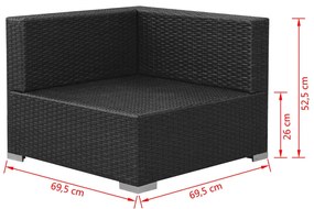 3 pcs conjunto lounge de jardim c/ almofadões vime PE preto