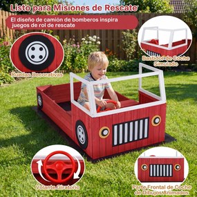 Caixa de areia infantil em madeira de abeto, em forma de camião dos bombeiros 156 x 80 x 70 cm, com banco, volante giratório, 2 assentos e tapete, , v