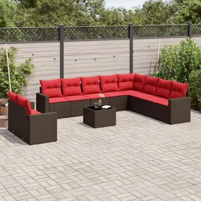 vidaXL 11 pcs conjunto sofás de jardim c/ almofadões vime PE castanho