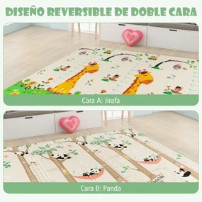 Tapete infantil dobrável dupla face com panda e girafa, bolsa de transporte, tapete de brincar impermeável e reversível, 200 x 180 cm Multicolor