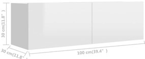 Móvel de TV 100x30x30 cm derivados de madeira branco brilhante