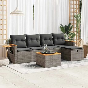 6 pcs conjunto sofás de jardim com almofadões vime cinzento