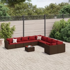 11 pcs conjunto sofás de jardim c/ almofadões vime PE castanho