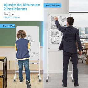 Quadro magnético móvel para apagar a seco 60x90cm Dupla face com suporte Rodas 360° Altura ajustável 151-178cm na escola Escritório Branco