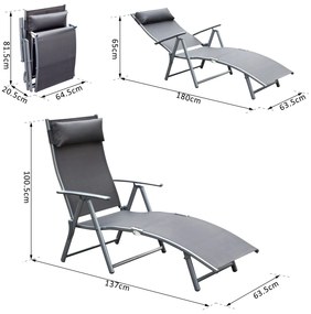 Dobrável Espreguiçadeira Encosto Ajustável para 7 Níveis com Travesseiro Resistente ao Textilene Relaxar na Piscina Exterior Terraço Camping 137x63.5x