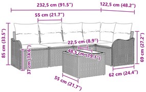 Conjunto de Sofá de Jardim 6 Peças com Almofadas Cinza Vime Poliéster