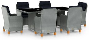 7 pcs conj. jantar exterior + almofadões vime PE cinzento-claro