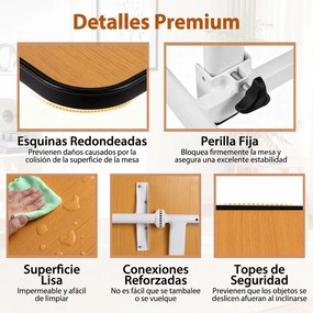 Mesa Auxiliar de Sofá em Forma de C, 80,5 x 40,5 x 73-94 cm, Altura Ajustável em 9 Níveis, Natural+Branco