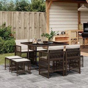 vidaXL 9 pcs conjunto jantar p/ jardim c/ almofadões vime PE castanho