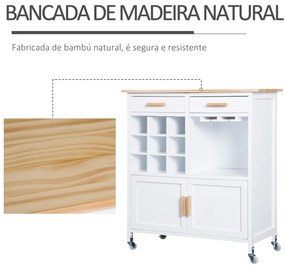 HOMCOM Carrinho de Cozinha Auxiliar com Rodas Carrinho de Cozinha com 2 Gavetas Suporte para 9 Garrafas Suporte para Taças Prateleira Aberta e Armário 76x40x88cm Branco