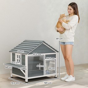Casinha para gatos de exterior com teto abrível, janela panorâmica, porta de lâminas e plataforma de descanso, 101 x 72,5 x 81 cm, cinzenta