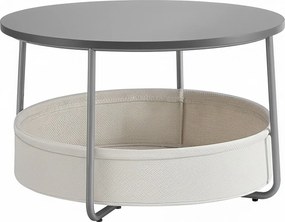 Mesa de centro redonda com cesto em tecido 75 cm de diâmetro e 45 cm de altura cinza cimento-branco creme