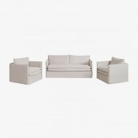 Conjunto De Sala Com Sofá De 3 Lugares E 2 Poltronas Em Linho E Algodão Grace Tecido Beige - Sklum