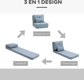 Poltrona-sofá-cama convertível de 1 lugar com 1 almofada e encosto ajustável, azul