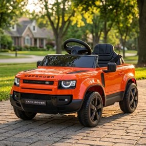 Carro elétrico para Crianças 12V 4x4 Land Rover Defender Rodas de espuma EVA, Assento Couro ecológico, Controlo remoto Laranja