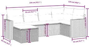 6 pcs conjunto de sofás jardim c/ almofadões vime PE castanho