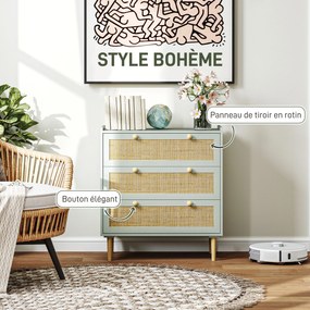 Cómoda de design boémio em vime com 3 gavetas 80C x 40L x 87,5A cm, móvel de arrumação para a sala de estar, o corredor ou a entrada, verde-oliva