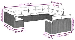 12 pcs conjunto de sofás de jardim c/ almofadões vime PE preto