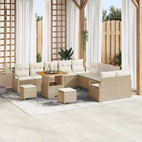 Conjunto de Sofá de Jardim vidaXL de 13 peças com Almofadas Bege Rattan Poliéster Acácia