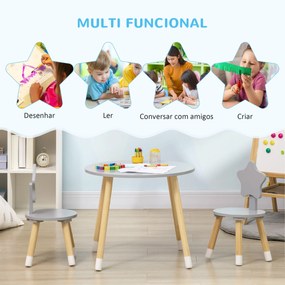 HOMCOM Conjunto de Mesa e 2 Cadeiras de Madeira para Crianças com Mesa Redonda Ø59x50cm e Cadeiras Ø28x51 Mobiliário Infantil para Sala de Jogos Quarto Cinza e Madeira