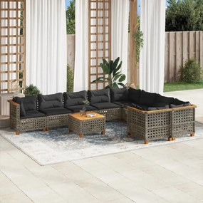10 pcs conjunto sofás de jardim c/ almofadões vime PE cinzento