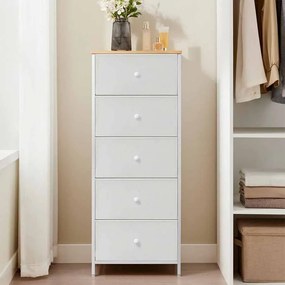 Cómoda com 5 gavetas em tecido estreito 29,8 x 45 x 112,3 cm camel amarelo-creme branco