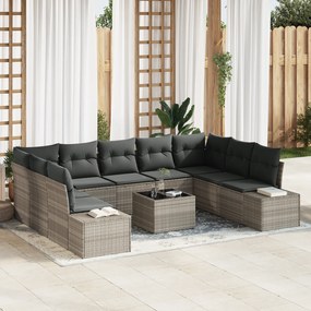 Conjunto de sofá de jardim de 10 peças com almofadas de vime cinza