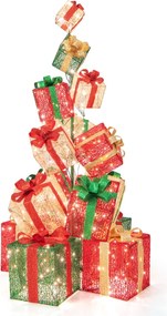 Torre de 170 cm de 15 caixas de presente iluminadas com 450 luzes brancas quentes Base em metal vermelho + azul + dourado