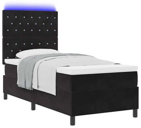 Cama Box Spring com Colchão e LED Preta 90x190 cm Veludo