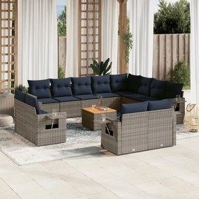 vidaXL 13 pcs conjunto sofás p/ jardim c/ almofadões vime PE cinzento