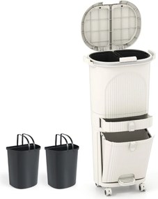 Caixote do lixo de 42 L com 2 caixotes removíveis, gaveta com pedal e rodas para sala, cozinha e casa de banho, bege