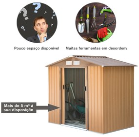 Abrigo de jardim de aço com porta deslizante e ventilação para armazenamento de ferramentas 213x127x185 cm marrom