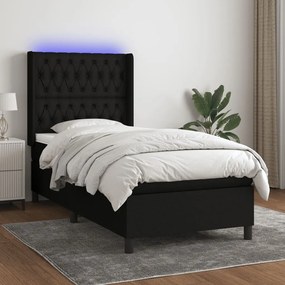 Cama box spring c/ colchão e LED 90x190 cm tecido preto