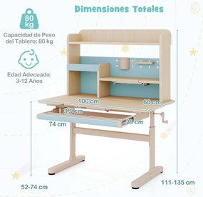 Secretária infantil 100 x 60 x 111-135 cm com estante e gaveta em altura com superfície inclinável Prateleiras Atril e porta-lápis azul