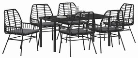 Conjunto de Jantar de Jardim com 7 Peças e Almofadas Preto em Poli Rat