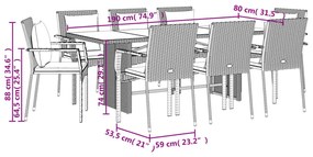 9 pcs conjunto de jantar p/ jardim c/ almofadões vime PE cinza