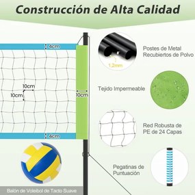 Conjunto de rede de voleibol portátil para exterior Sistema de rede de voleibol de alta resistência com postes ajustáveis em altura Azul + Verde
