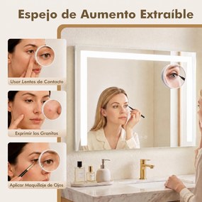 Espelho de Maquilhagem, 58 x 10 x 43 cm, Luz LED de 3 Cores, Branco