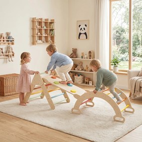 Conjunto de 3 Peças de Escalada Montessori, Estrutura Triangular, Estrutura Arqueada e Rampa, 69 x 55 x 59 cm, Dobrável, Multicolor