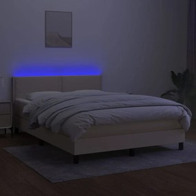 Cama box spring c/ colchão e LED 140x190 cm tecido cor creme