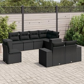 8 pcs conjunto sofás de jardim com almofadões vime PE preto