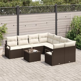 Conjunto de Sofá para Jardim com 9 Peças e Almofadas Castanho em Polir