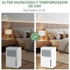 Desumidificador 12 L Silencioso e Eficiente com Temporizador de Secagem Automático em Modo Contínuo 27 x 20,5 x 40,5 cm Branco