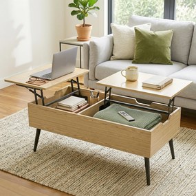 Mesa de centro elevável 100 x 50 x 43,6 cm com tampo duplo, mesa de sala com compartimento oculto e pés em metal e madeira natural