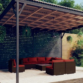 vidaXL 9 pcs conjunto lounge de jardim c/ almofadões vime PE castanho