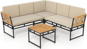 Conjunto Jardim de 4 sofás seccionais exteriores em L com Estrutura metálica, corda elástica e mesa de madeira de acácia bege