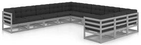 11 pcs conj. lounge jardim c/ almofadões pinho maciço cinzento